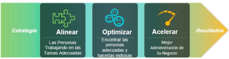 Diagrama estratégico sobre alineación de personas, optimización del talento, aceleración del negocio y obtención de resultados